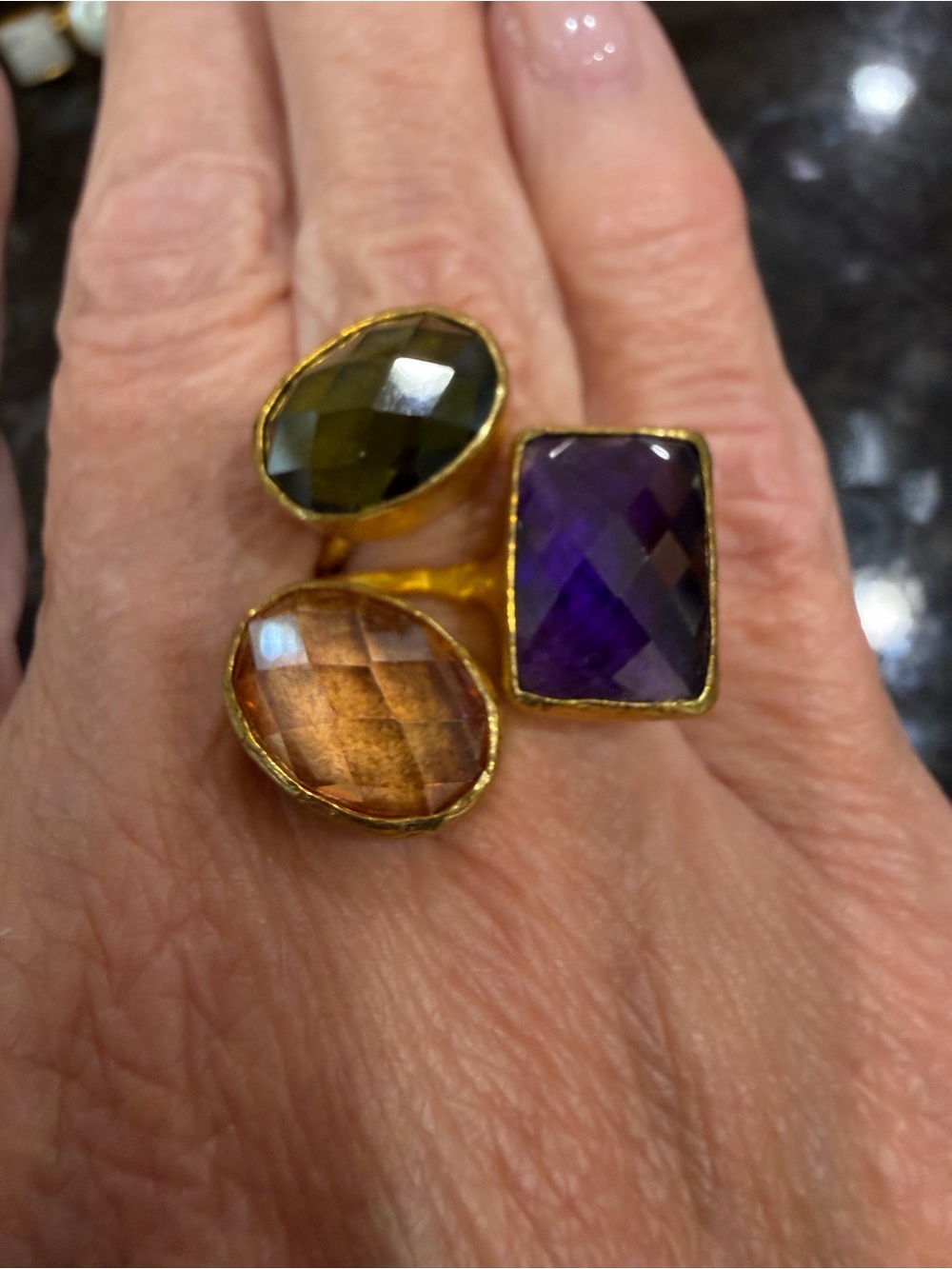 Gold-Tone Triple Stone Cocktail Ring - Purple, Olive & Amber